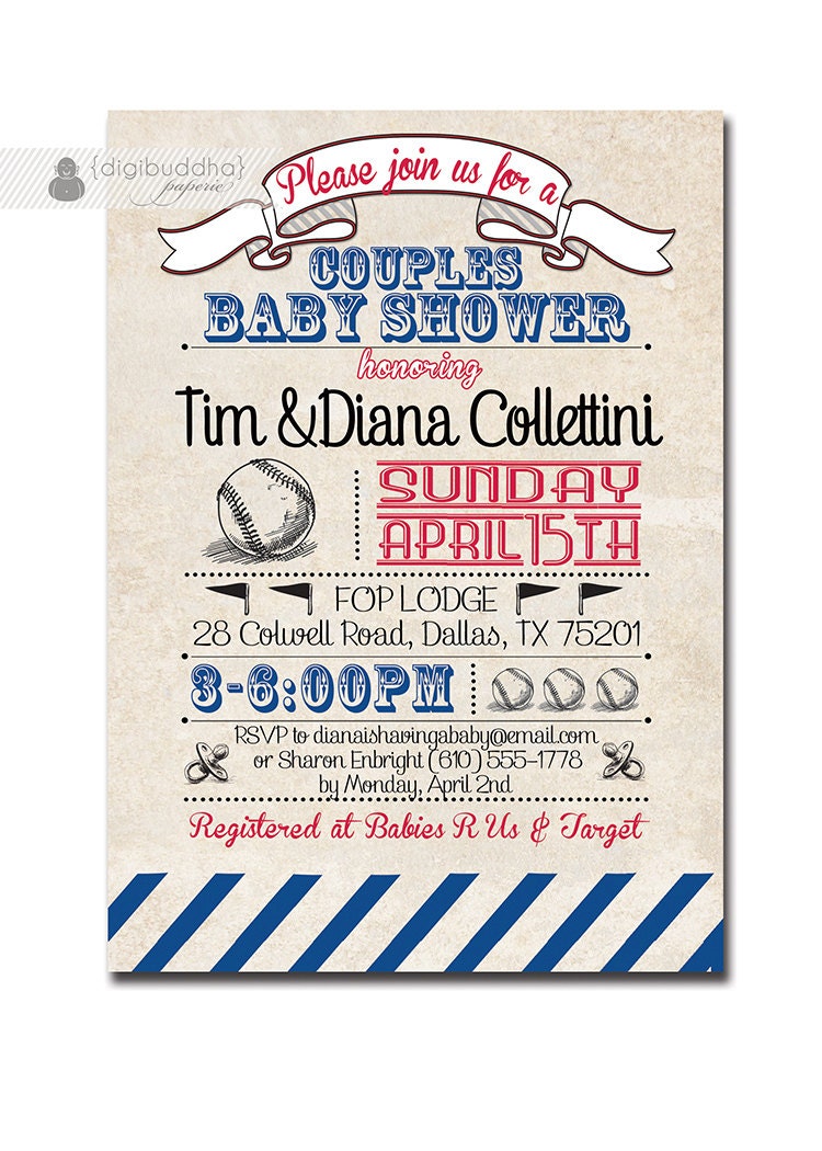 Baseball Couples Baby Shower Invitation Vintage Retro Boy Girl Baby Shower Red Blue Custom Colors DIY Printable or Printed - Diana Style