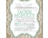 Lace Bridal Shower Invitation Linen Burlap Mint Vintage Rustic Wedding Invite Typography Poster Printable Digital or Printed - Jackie Style