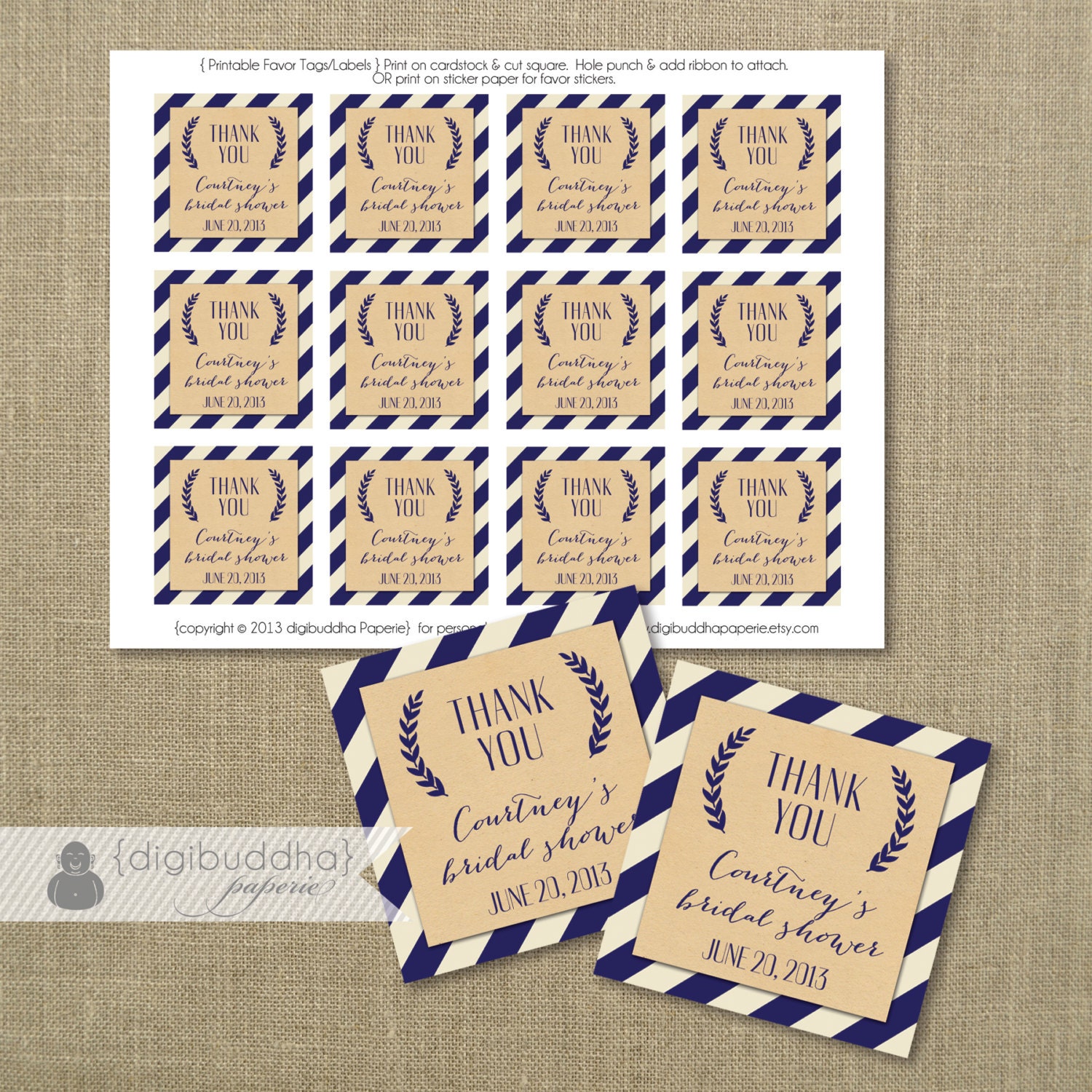 Navy Stripe Favor Tags Kraft Rustic Shabby Chic Bridal Shower Baby Thank You Tags 2.25" Square DIY Printable or Printed - Courtney Style