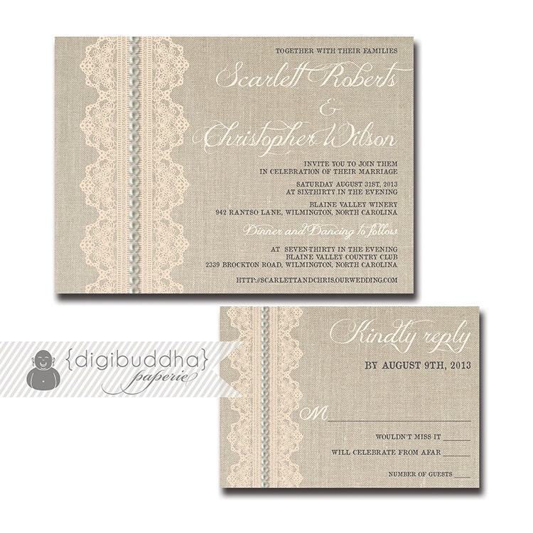 Pearls & Lace Burlap Wedding Invitation Response Card 2 Piece Wedding Suite RSVP Rustic Shabby Chic DIY Digital or Printed - Scarlett Style