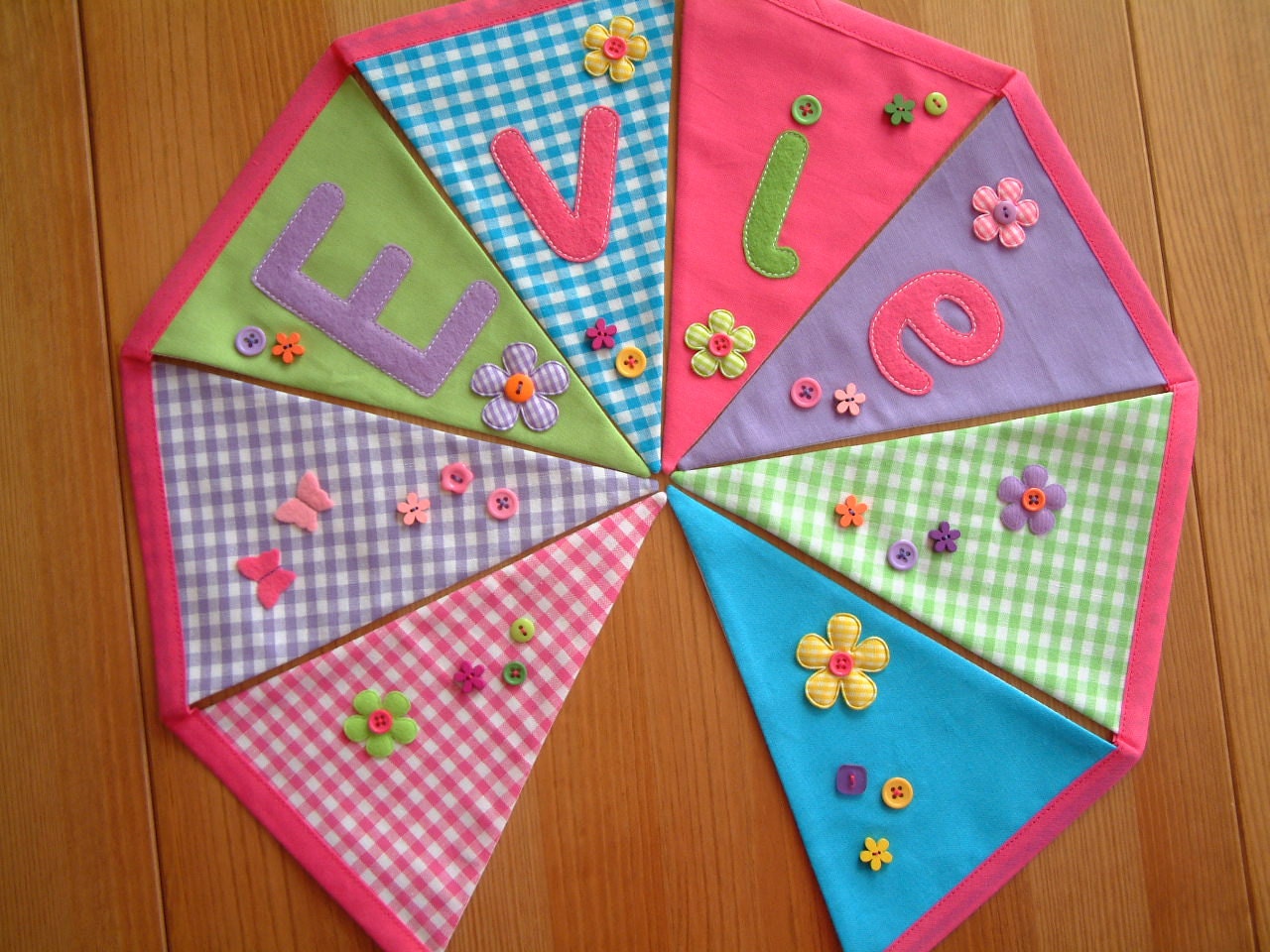 Personalised banner, name bunting. Girls. Fabric flags. Funky bright colours. Butterflies, flowers, gingham. Made to order. Custom. Bespoke.