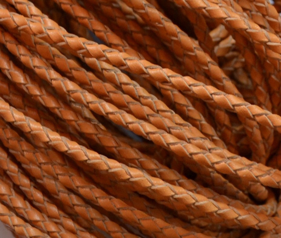 Round Braided Leather Cord, Natural Color, 3mm, Natural Varnished 1.1 Yard - 1 Meter