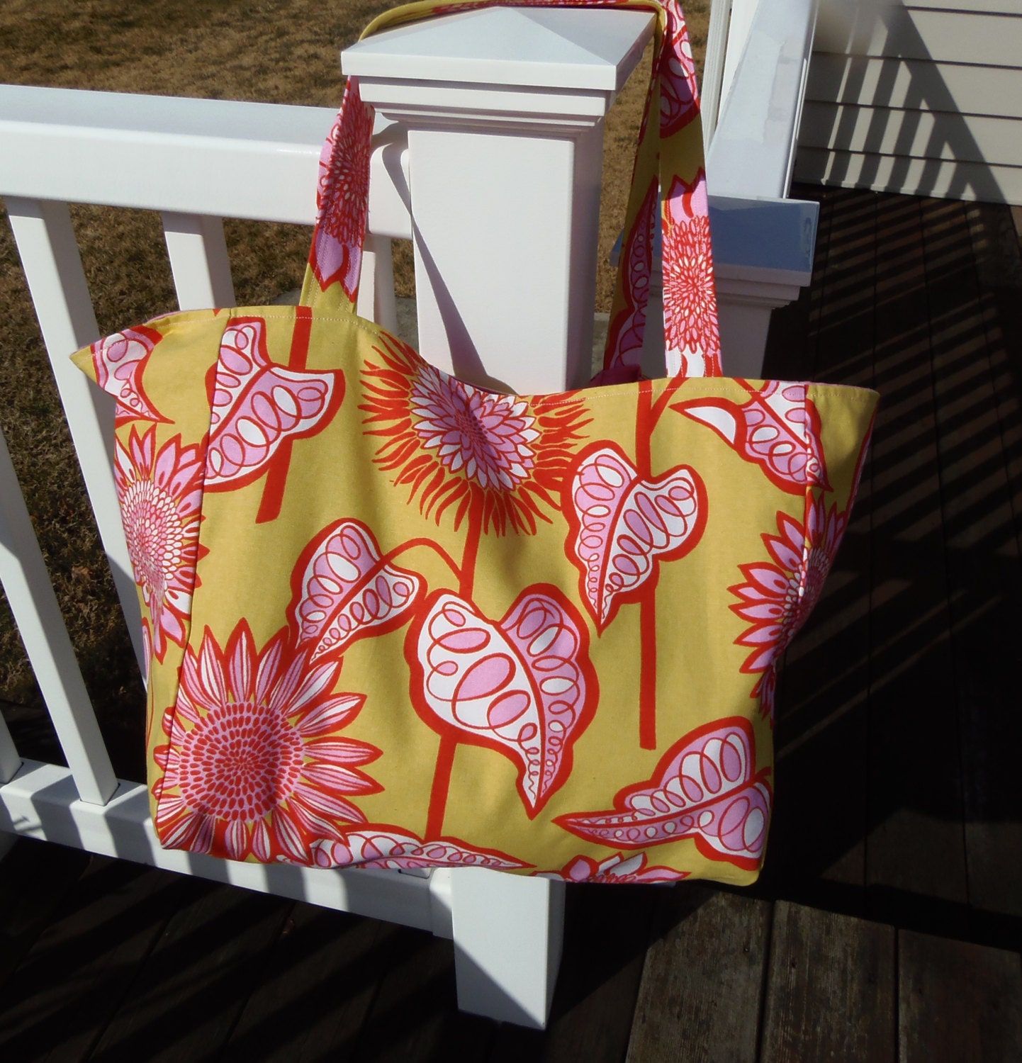 Large Handmade Beach Bag/ Tote Bag or Diaper Bag in Yellow and Pink Sunflower