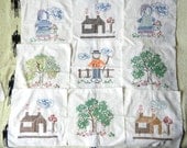 9 Embroidered Cross Stitch Quilt Squares, Amish Man, Amish Woman, House, Apple Tree