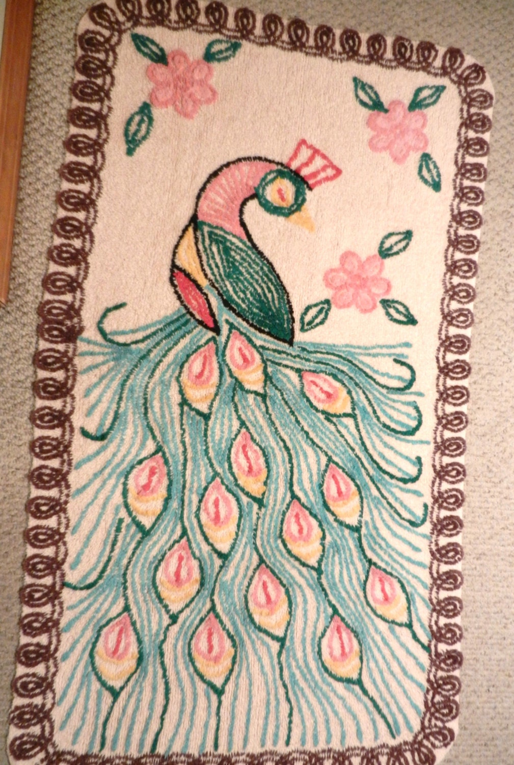 Colorful Vintage Chenille PEACOCK Bath Rug 36x55