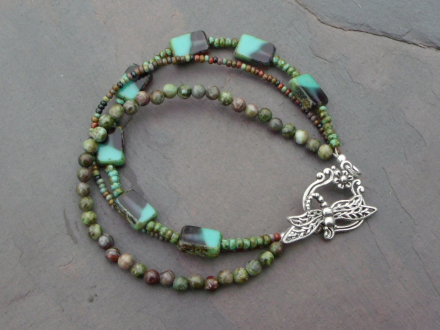Dragonfly Garden - Czech and Gemstone Three Strand Bracelet