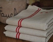 Antique French linen Towels, French Home, monogrammed AH, red stripes, French Kitchens, supplies, Torchons, Cottage chic, vintage housewares