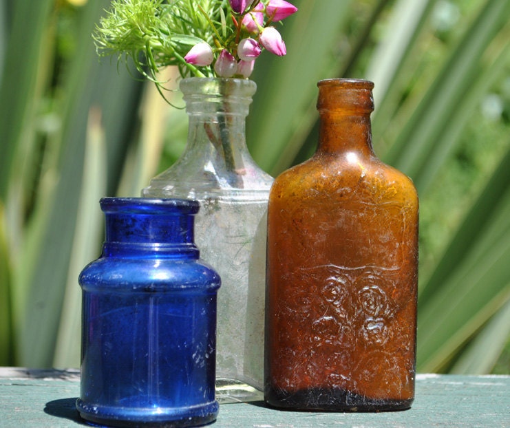 Antique Glass Bottles, Vintage Prescription, Vase, vintage home decor, bud vases, cottage chic, photo props, room diffusers