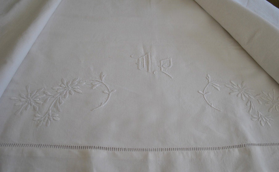 Antique French fine linen sheet, MP monogram,1900 - 1909, French Home decor, wedding, dowery sheet, Vintage housewares, antique bed linen