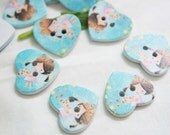 10 Heart Wooden Buttons Blue Painted With Little Girl Children Bottons b23