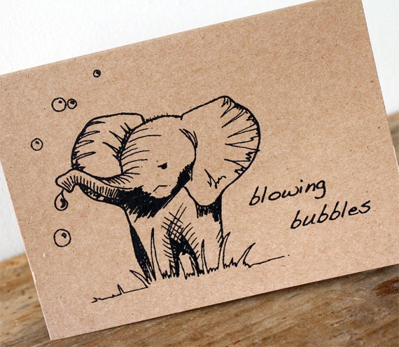 Elephant bubbles card - Black gocco screen-printed on brown recycled  kraft card