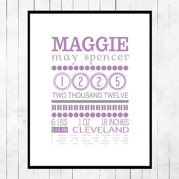 Personalized Birth Announcement 11x14 Art Giclee' Typography Baby Girl