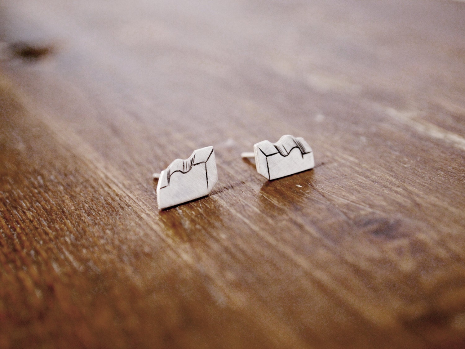 Sterling silver hand engraved architectural fragment stud earrings