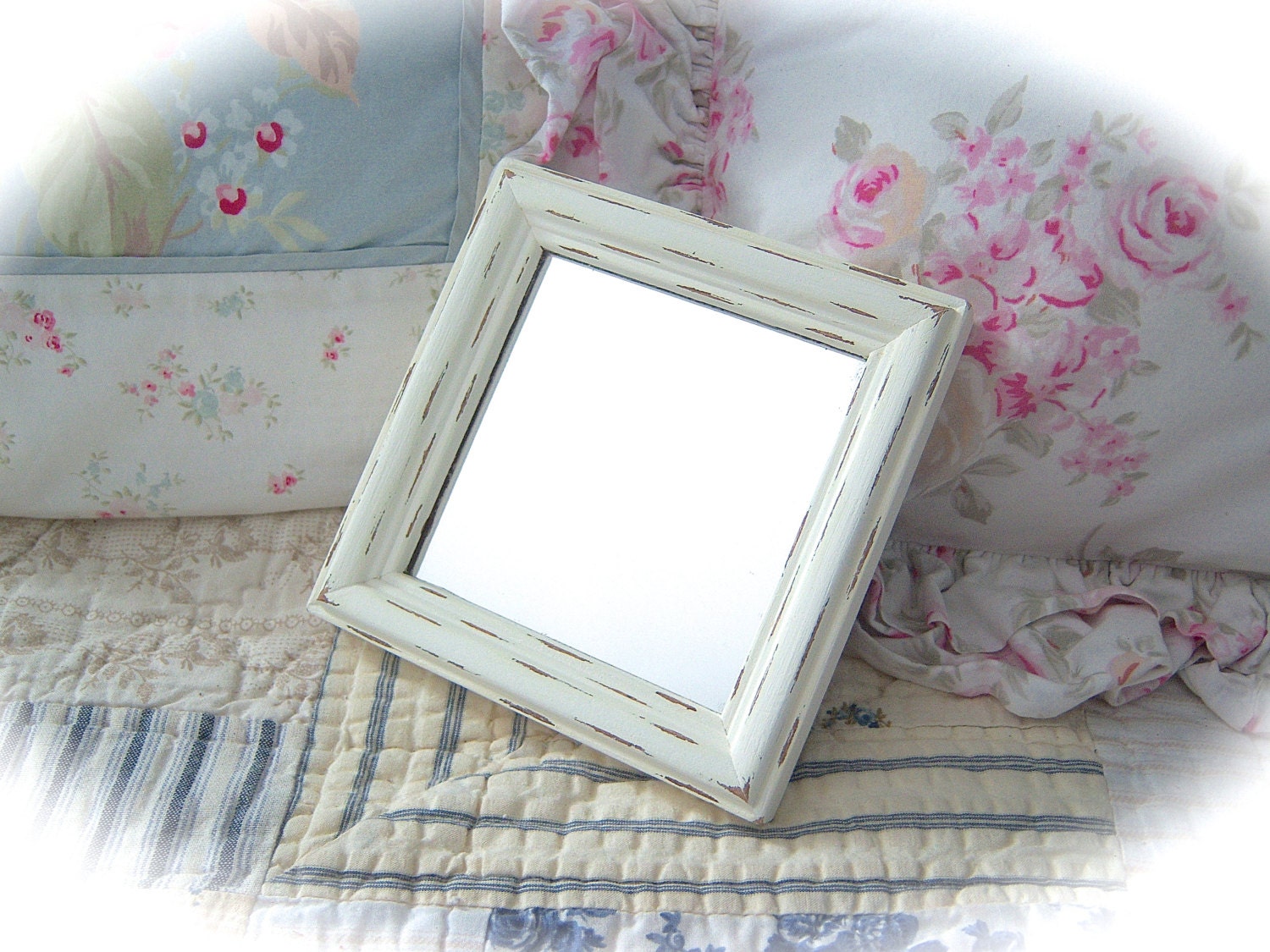 Petite SQUARE Off White Cream DISTRESSED Wall Decor Hanging MIRROR Shabby Cottage Chic