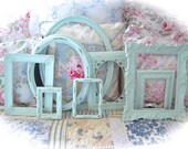 TREASURY ITEM Shabby Vintage Ice Pale Blue Distressed Ornate Picture Photo Gallery Set of 8 FRAMES Cottage Chic