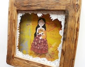 girl with a little fox  3D shadowbox, rustic wood decoration