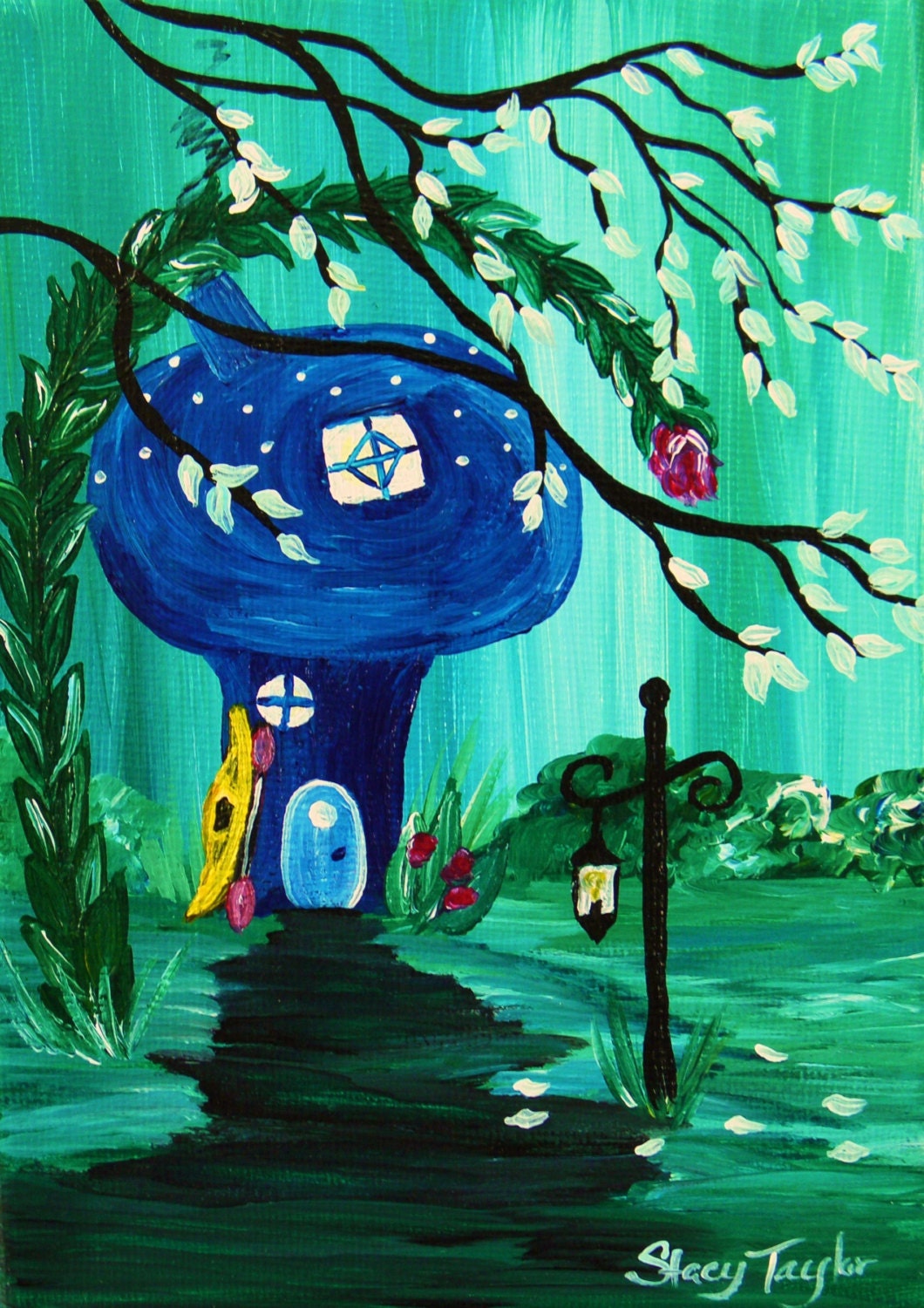 Original Painting, Fantasy Art, Mushroom in the jungle, Kayak, whimsical painting, whimsy by Stacy Taylor