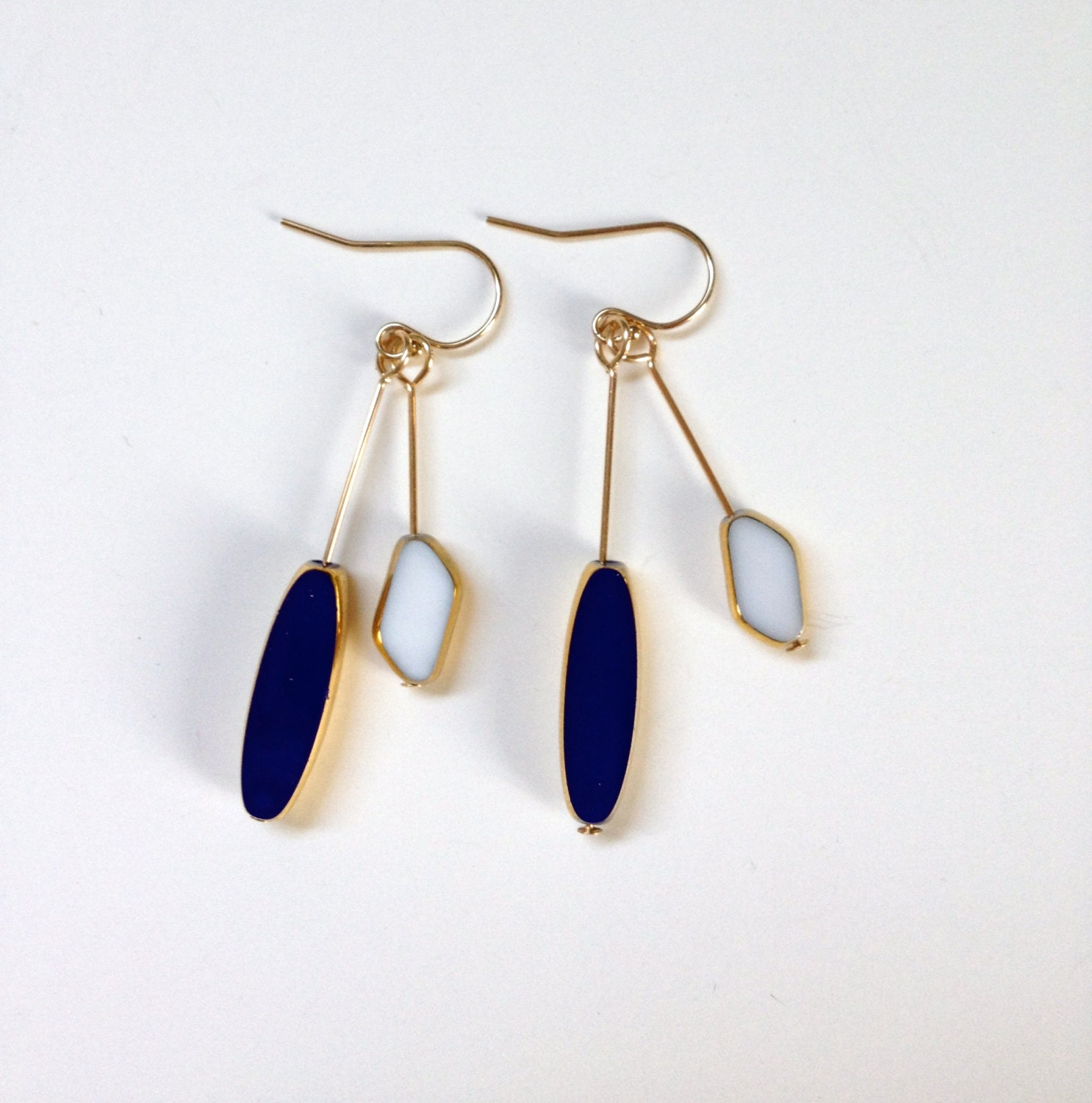 Mid Century Modern Stick Earrings // navy, white and gold dangle // LilahV