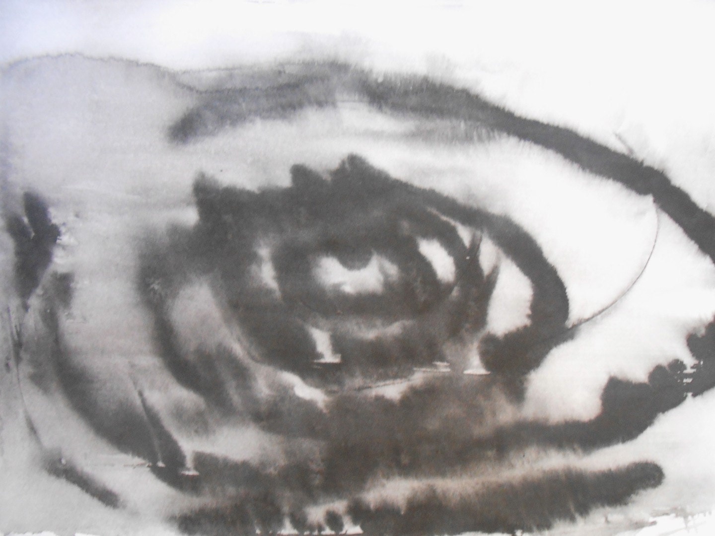 A3 Original Fine Art Black and White Abstract Ink Wash Painting 11.7x16.5 " Storm Eye 061"