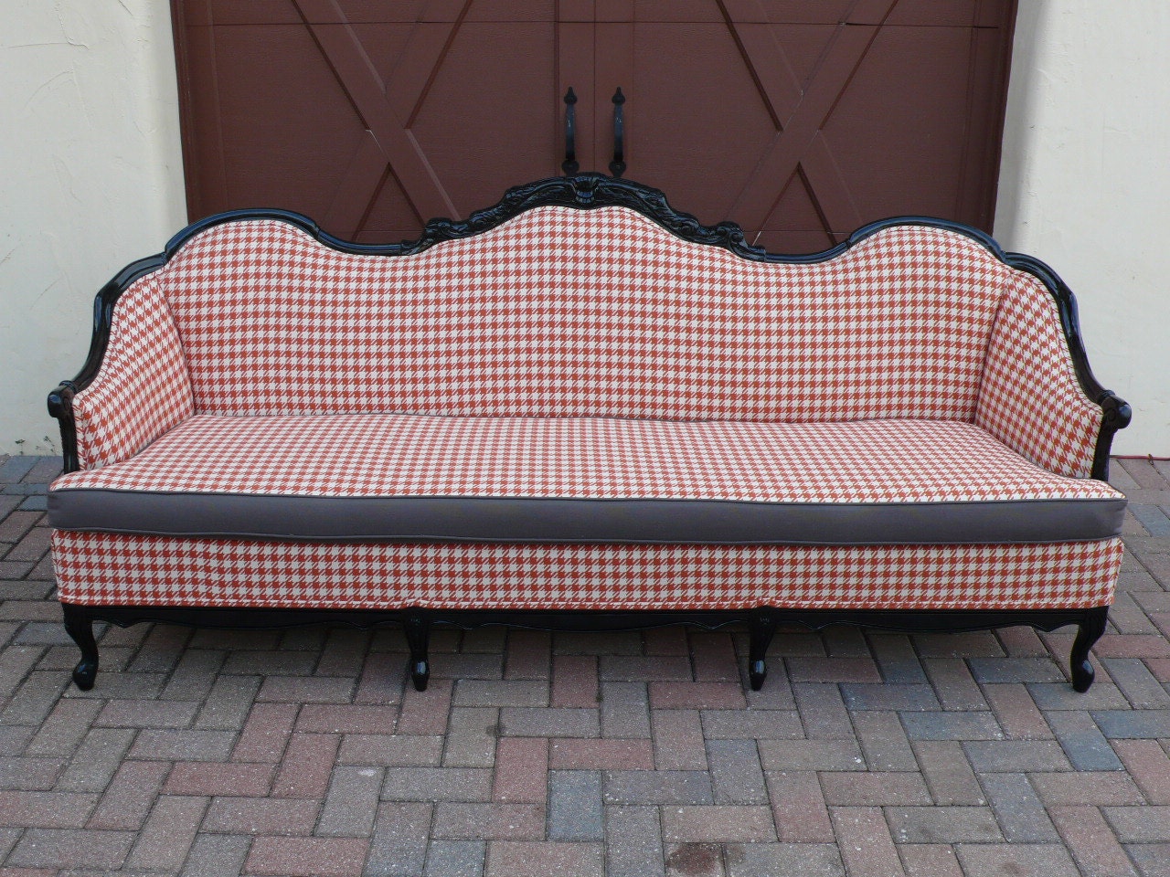 French Style Sofa Couch - Orange Houndstooth, Reversible Grey Fabric Cushion