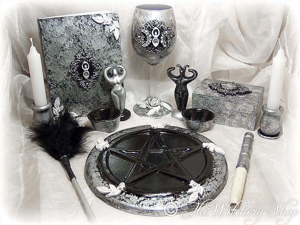 Goddess Altar Set, Complete. Cup, Bos, Bowls, Wand, Pentacle tile, Broom, Candles MORE - Wiccan Pagan