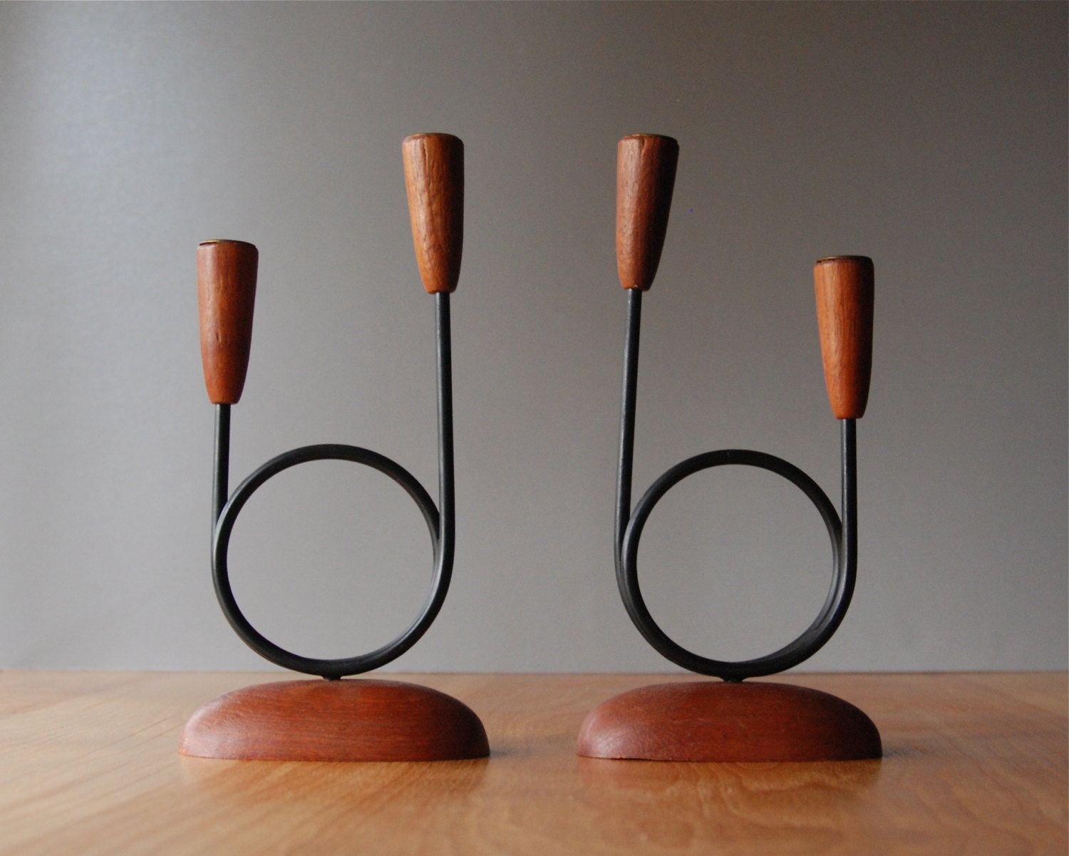 Mid Century Modern Teak and Metal Candelabras