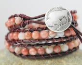Pink white and brown leather wrap bracelet - beaded leather wrap - buffalo coin button - western southwestern jewelry - Mothers Day Gift