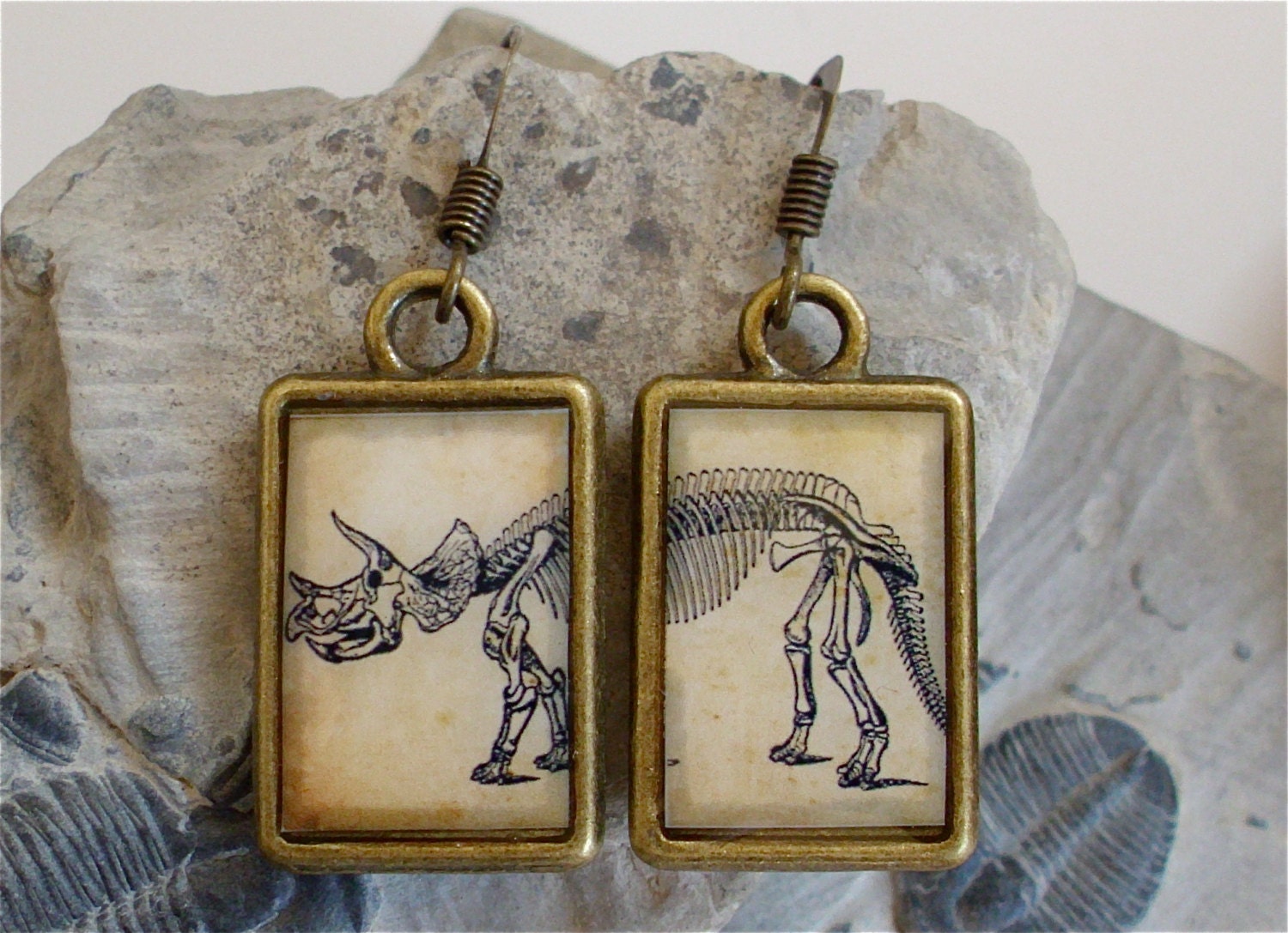 Dinosaur Dangle Earrings - Triceratops - DOUBLE-SIDED Antique Fossil Print Jewelry in Brass