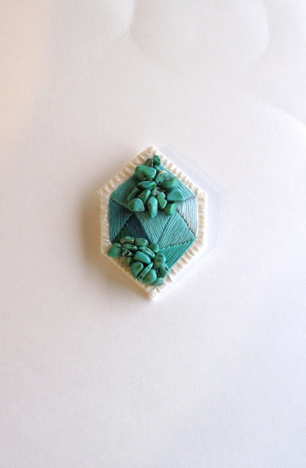 Geometric emerald green brooch embroidered with howlite  beads in diamond shape mint greens