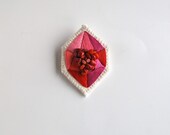 Geometric embroidered pink and red brooch faux gem in diamond shape with red coral beads