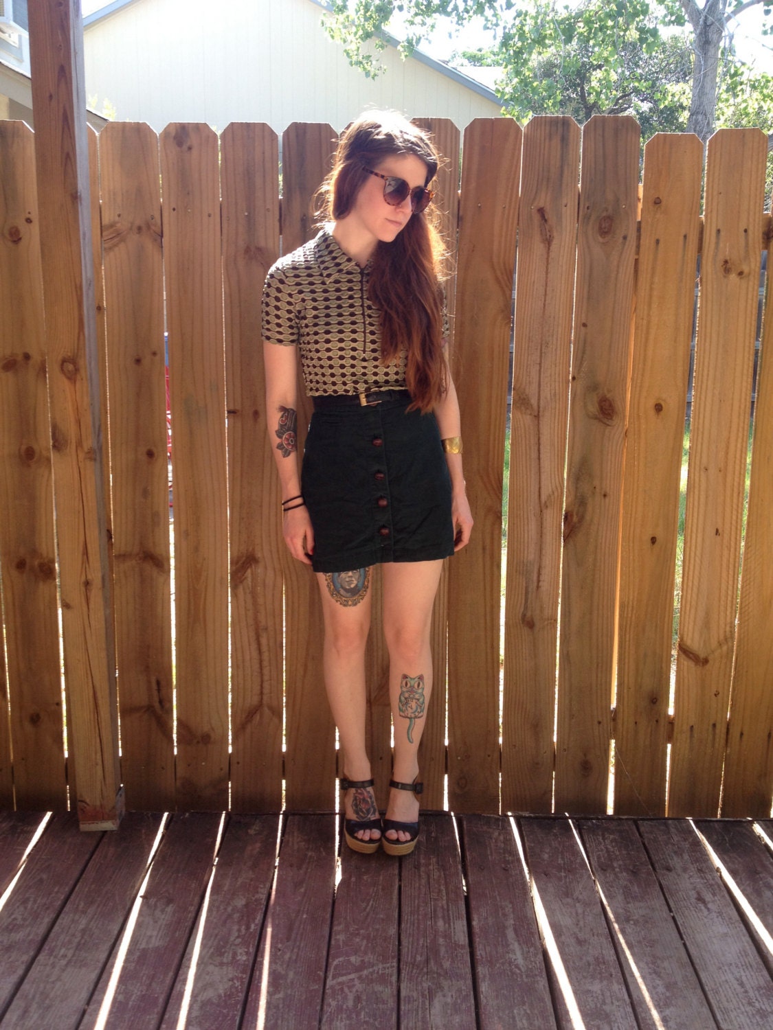 Vintage 70s Retro Green/Brown Short Sleeve Zip Up Crop Top Blouse Size XS/S