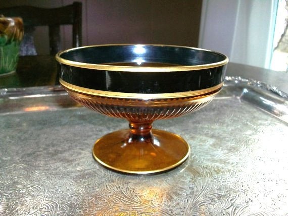 Vintage Amber Glass Dish Mid Century Modern Footed w/ Gold & Black Trim