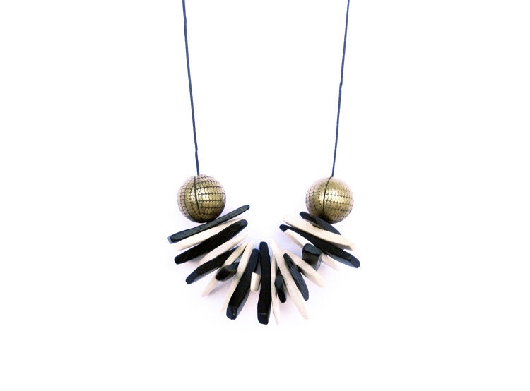Black and White Necklace / Coconut and Antique Brass Necklace