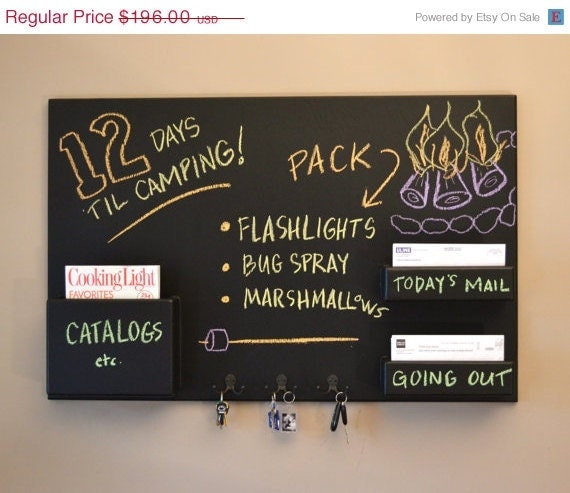 ON SALE Mail Organizer chalkboard medium wall mounted pockets and hooks
