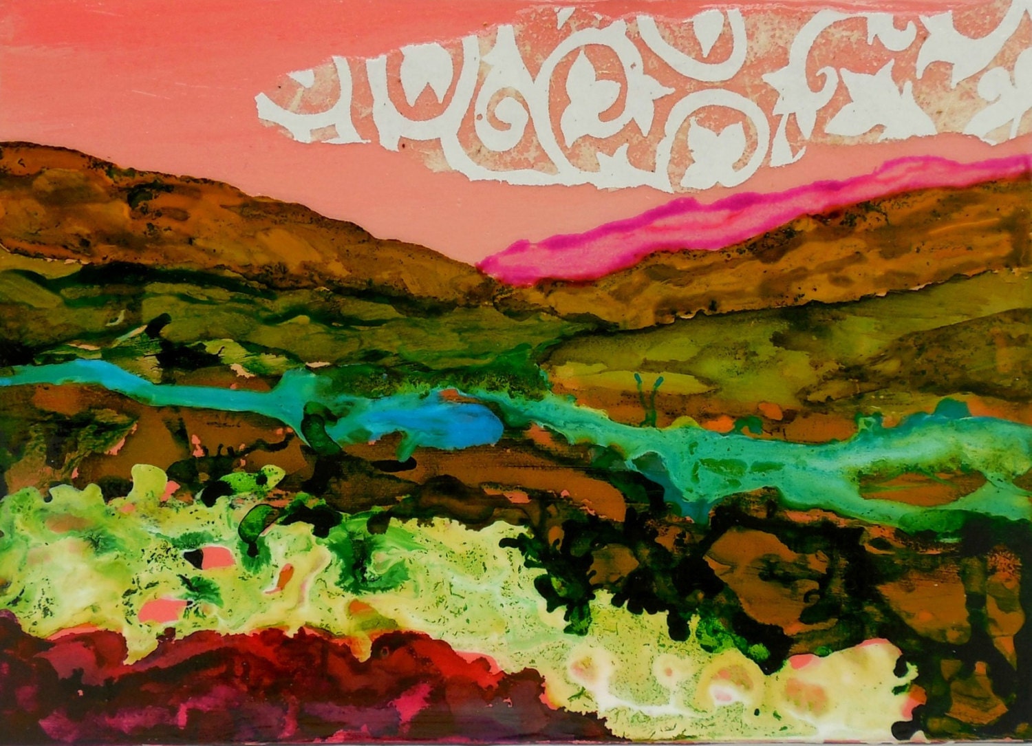 Art Abstract Painting Landscape Ink Painting Mixed Media Surreal Landscape 5x7