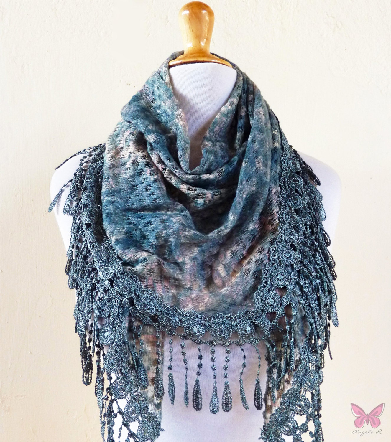Scarf "Andreea" in DEEP TEAL with rich lace edge - scarflette shawl neckwarmer - Spring / Summer