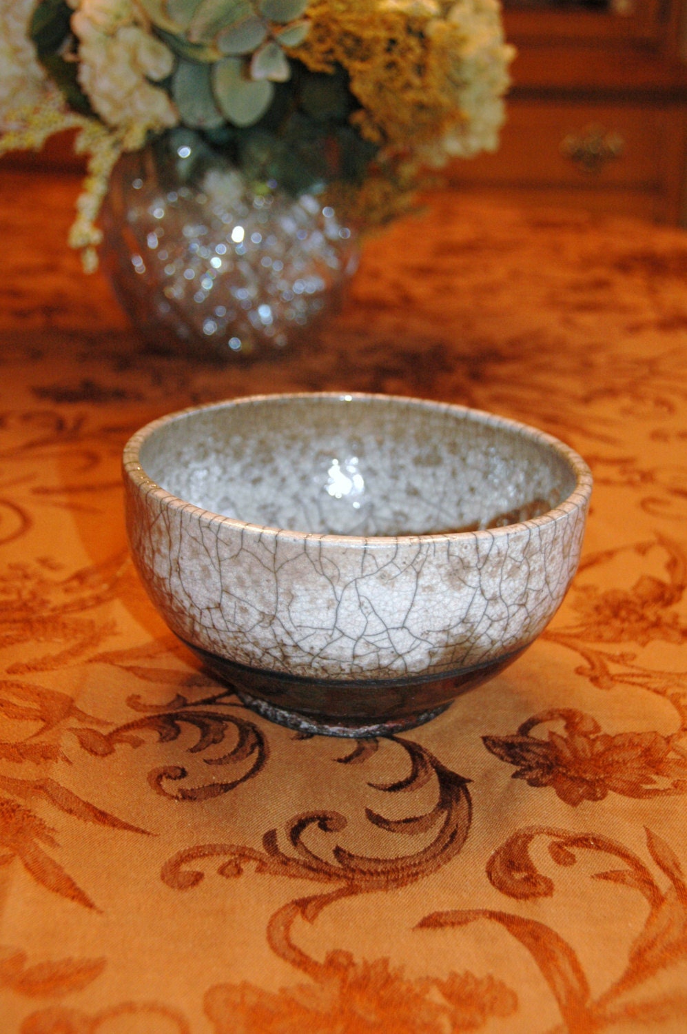 For My Valentine -- Red Bronze and White Crackle Raku Fired Bowl