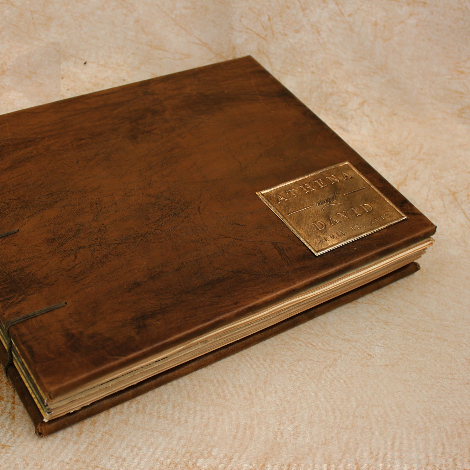 Vintage Wedding Guest Book - 100% Genuine Leather - Coptic Binding - Customizable