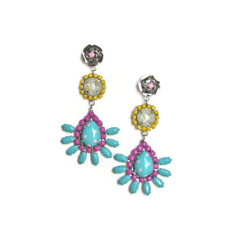 painted neon rhinestone statement earrings Flower Dangle Polka Dot purple turquoise yellow