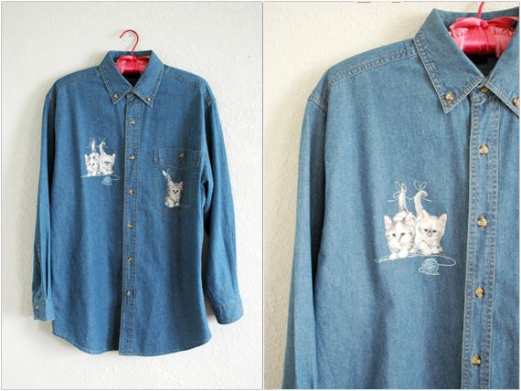vtg 90's over-sized denim KITTEN shirt