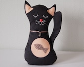 Cat Toy. Summer baby. Baby shower. Stuffed toy. Black cat with fish. Soft toy. Crib Toy.