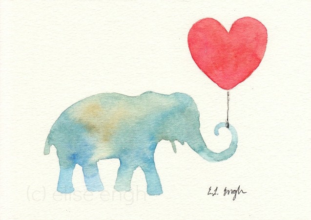 Blue Green Elephant holding Red Heart Balloon, Original Watercolor Painting, 5x7