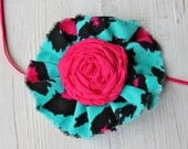 Cheetah pink, turquoise and black ruffle elastic girl headband, whimsical, flower, infant newborn, women teen headband