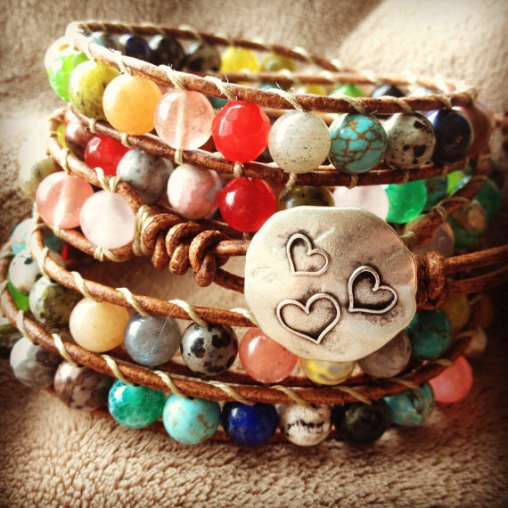 Multi Gemstone Beaded Leather Wrap Bracelet 5X, Boho bohemian, natural earthy, gemstone bracelet
