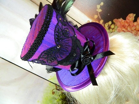 Purple Silk Rhinestones Gothic Victorian Tophat Minihat Fascinator Minizylinder Steampunk Burlesque Larping Wedding Costume