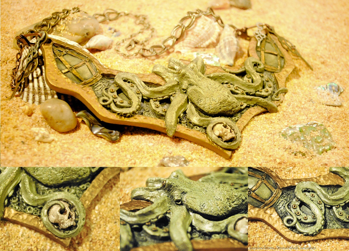 Nautical Neck-piece Wearable Art - OOAK Sculpture - Necklace, Steampunk, Octopus, Skull, Marine, Costume