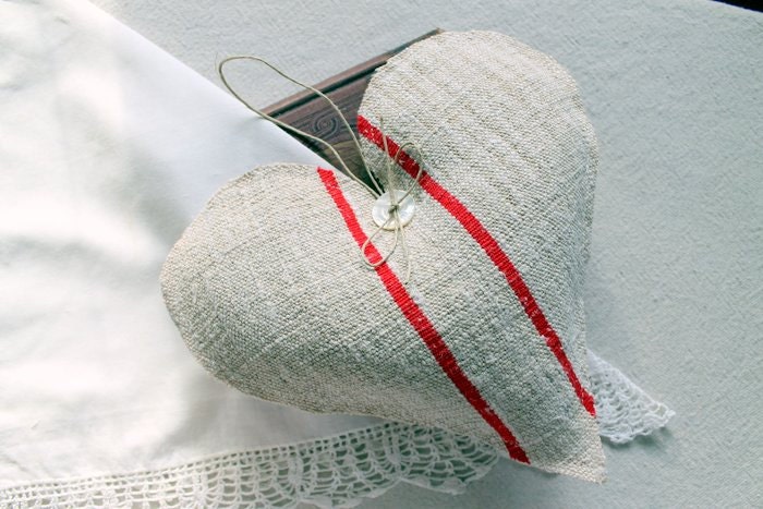 Heart Lavender Sachet from vintage European grain sack red stripes