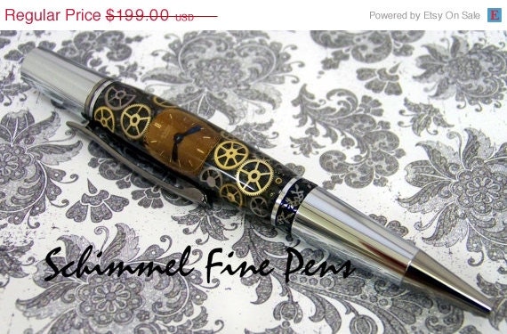 ON SALE Handmade Schimmel Pen,  Amazing  Watch Parts Steampunk Pen.  Gears nuts bolts in Clear top Dispay box. Includes COA