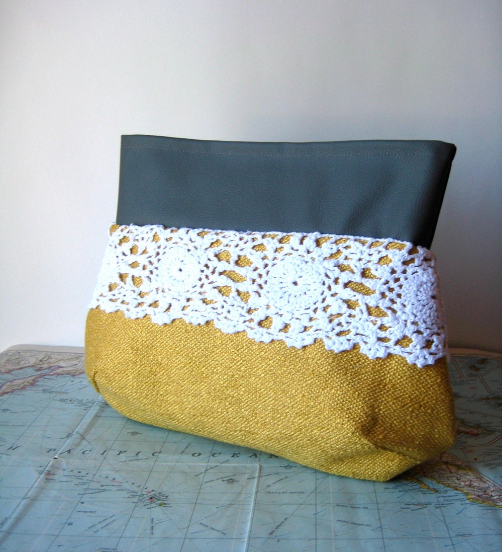 Sunny side--yellow, grey, and lace clutch