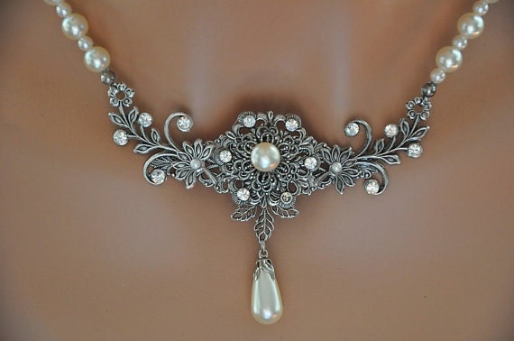 Bridal Necklace,Filgree Necklace,Victorian Style Necklace,Vintage Style Necklace,Antique Silver,Swarovski Crystal and Pearl Necklace